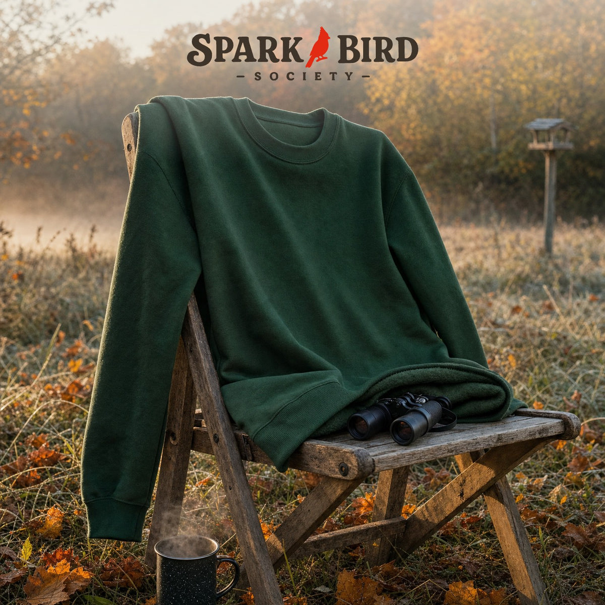 A forest green crewneck sweatshirt draped over a wooden chair in a frosty autumn meadow, with binoculars on the seat and a mug of coffee in the grass.