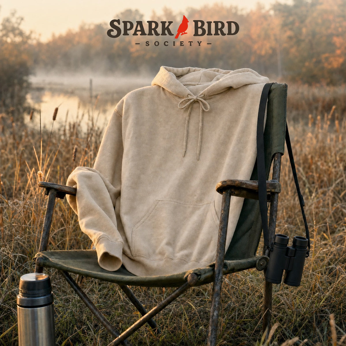 A sand-colored fleece hoodie draped over a camp chair at the edge of a misty marsh on a frosty autumn morning, with binoculars hanging from the armrest.