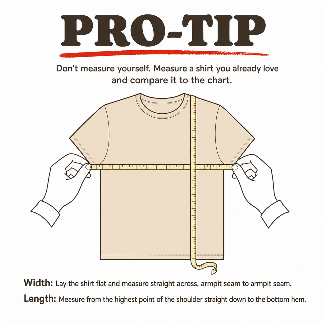 How to measure: lay the shirt flat and measure width straight across from armpit seam to armpit seam, and length from the highest point of the shoulder straight down to the bottom hem.