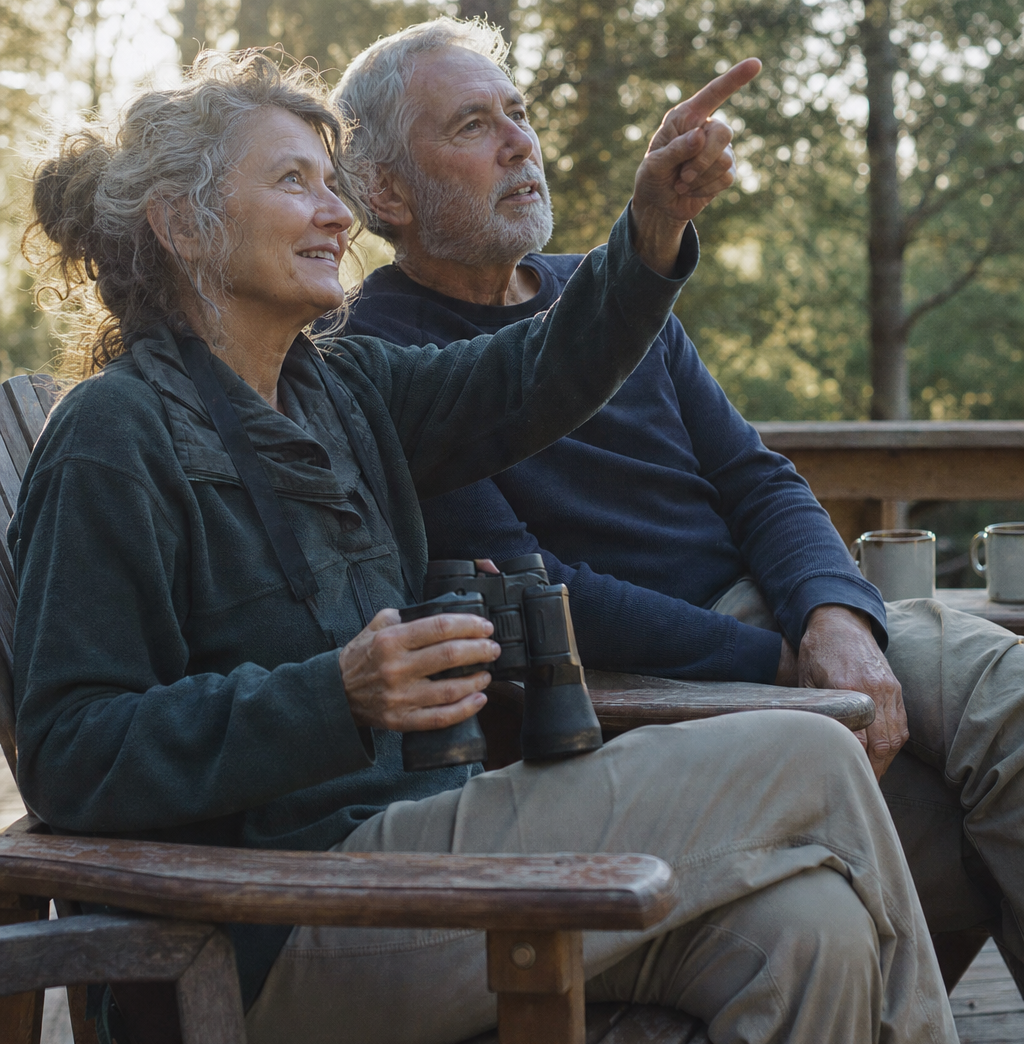 A couple watching birds from their back porch at sunrise