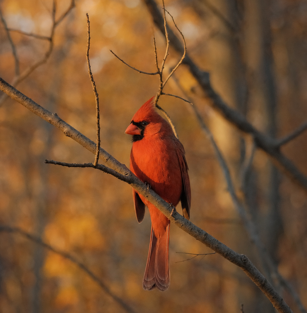 A male Northern Cardinal perched on a branch in golden autumn light